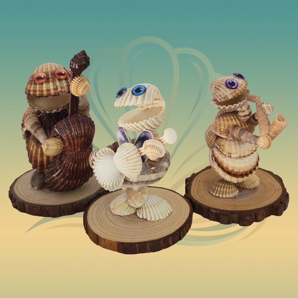 Unique gifts from Costa Gifts in El Morche, Torrox Costa, introducing the 'Shellbys' Jazz Trio figures hand crafted from local sea shells